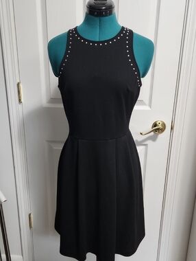 Stud-Trim Black Sleeveless Fit & Flare Dress
